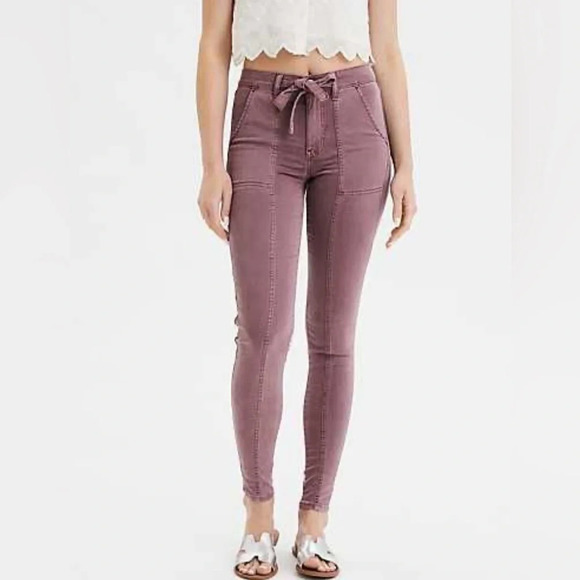 NWT American  Eagle AEO Hi Rise Jegging Super Stretch Mauve Lilac Pants Tie Sz 0 - Picture 1 of 16